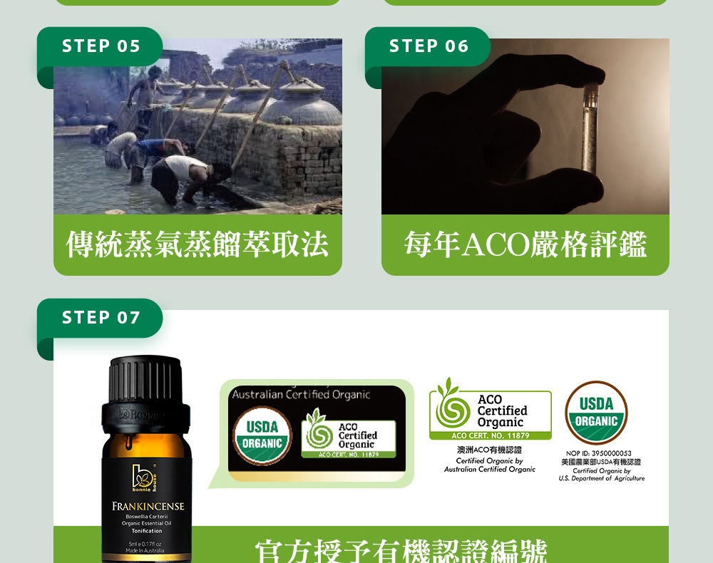 Bonnie House的乳香精油通過審核，並獲得美國農業部USDA、澳洲ACO有機認證