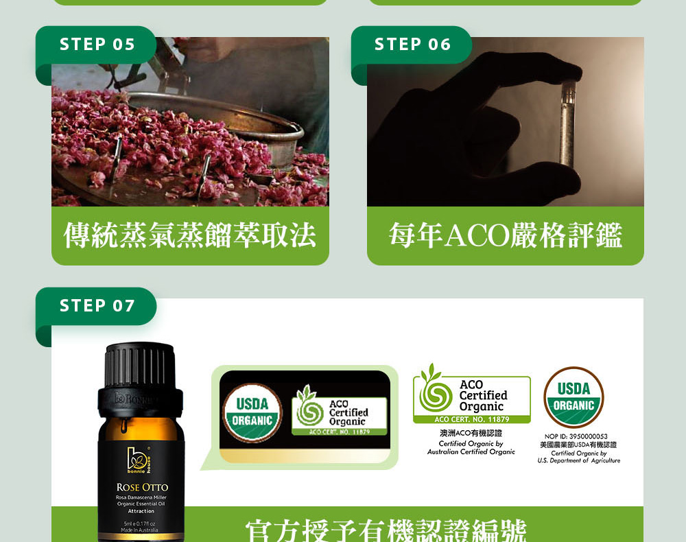 Bonnie House的玫瑰精油通過審核,並獲得美國農業部USDA、澳洲ACO有機認證