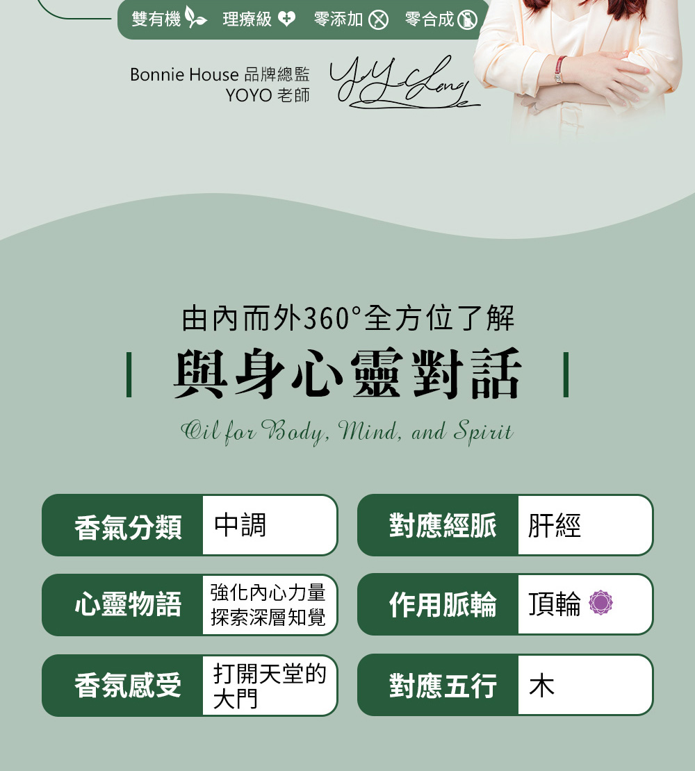 佛陀木精油五行屬木,對應經脈為肝經、對應脈輪為頂輪,心靈物語是強心力量、探索深層知覺。