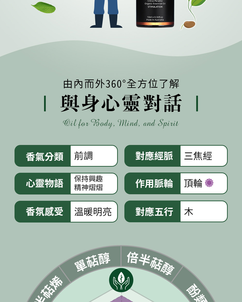 葡萄柚精油五行屬木,對應經脈為三焦經、對應脈輪為第七脈輪-頂輪,心靈物語是保持興趣、精神熠熠。