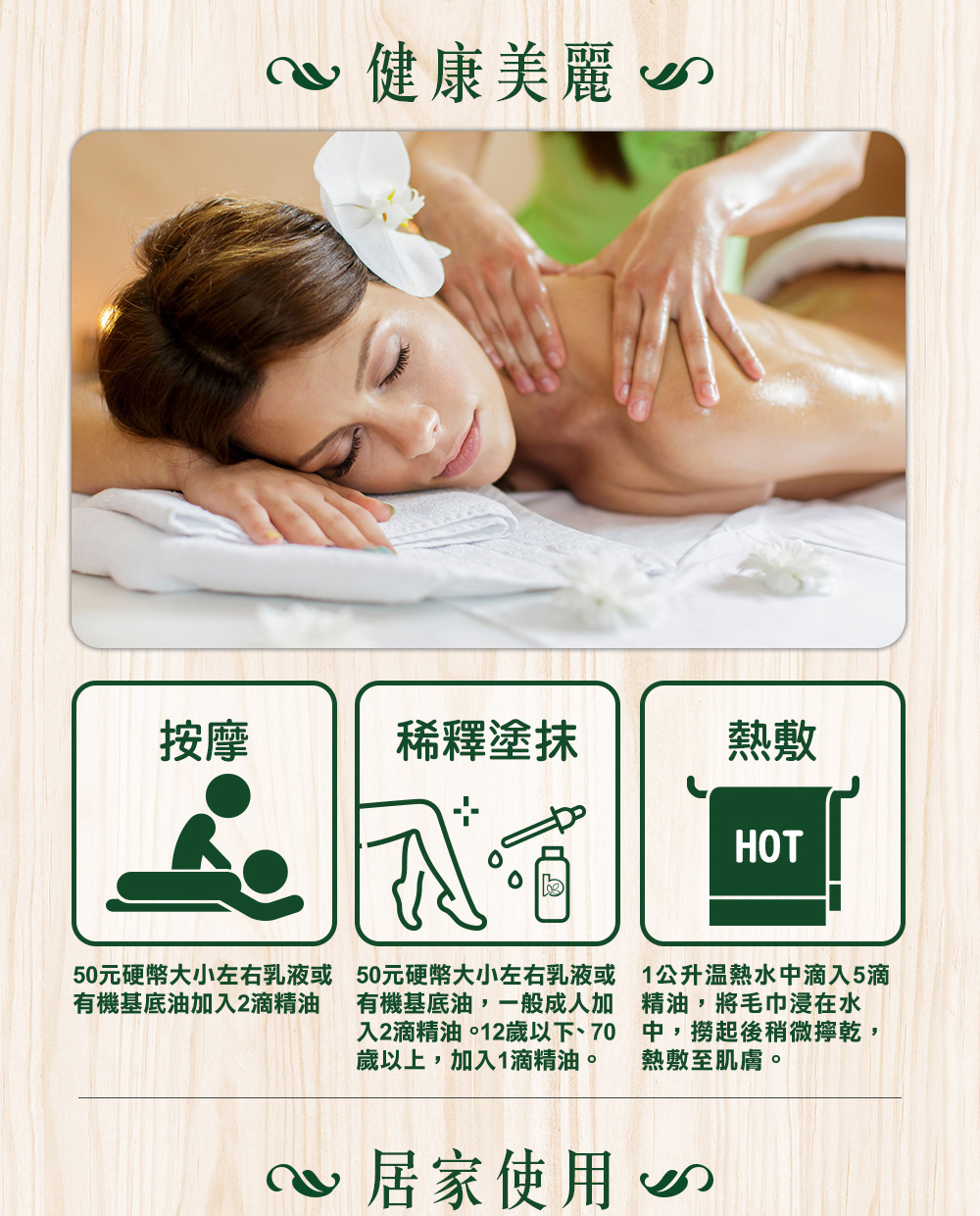 可以加2滴檸檬草精油到50元硬幣大小的乳液或基底油按摩全身，或加5滴到1000cc溫熱水、浸濕毛巾熱敷