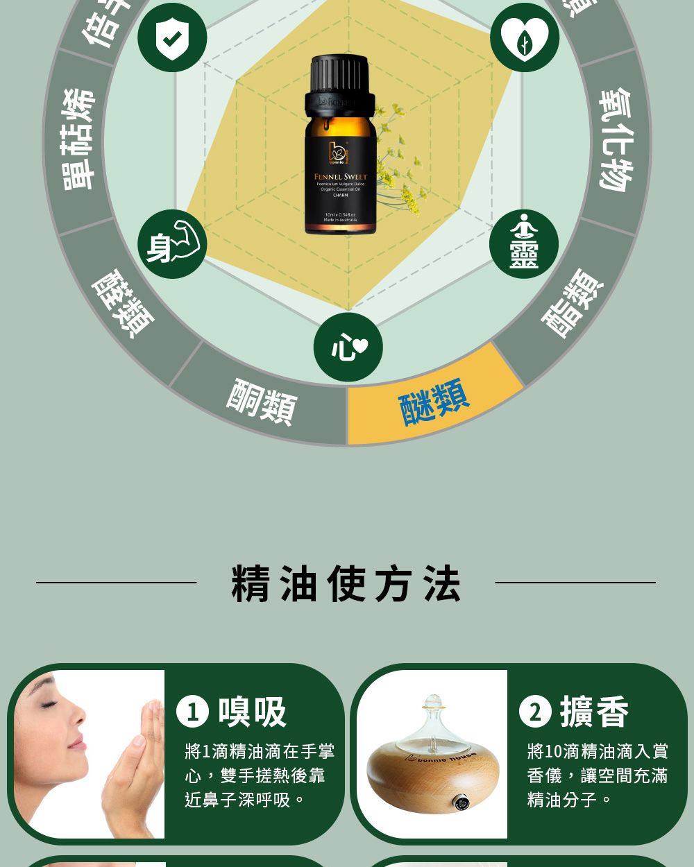 甜茴香精油主要成分為反式洋茴香腦(醚類)、甲基醚蔞葉酚、艾草醚