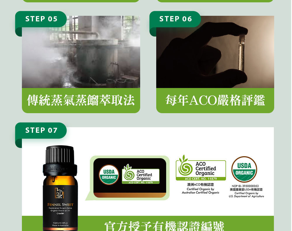 Bonnie House的甜茴香精油通過審核,並獲得美國農業部USDA、澳洲ACO有機認證