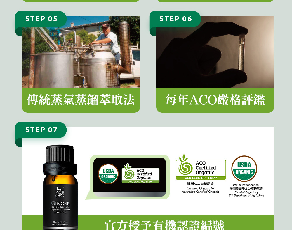 Bonnie House的薑精油通過審核，並獲得美國農業部USDA、澳洲ACO有機認證