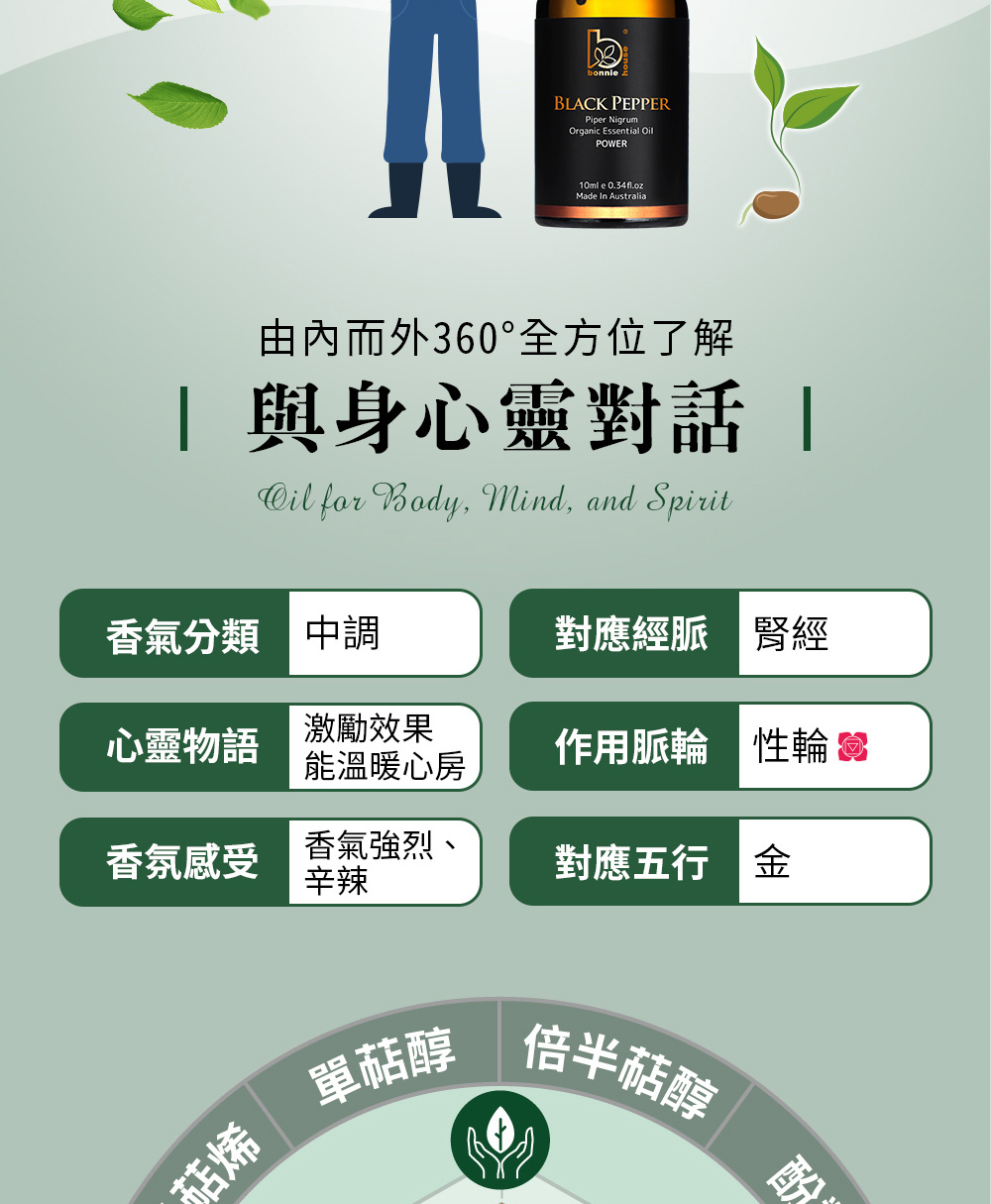 黑胡椒精油主要成分為松油萜(單萜烯類)、檸檬烯(單萜烯類)、β-丁香油烴(倍半萜烯類)