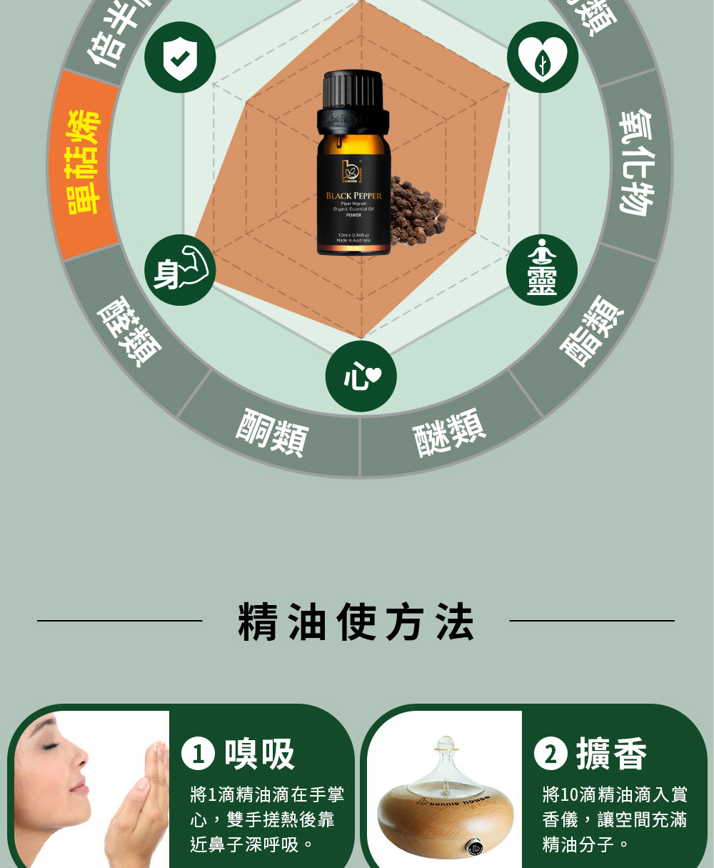 黑胡椒精油可以直接嗅吸、擴香、稀釋按摩或是入浴泡澡