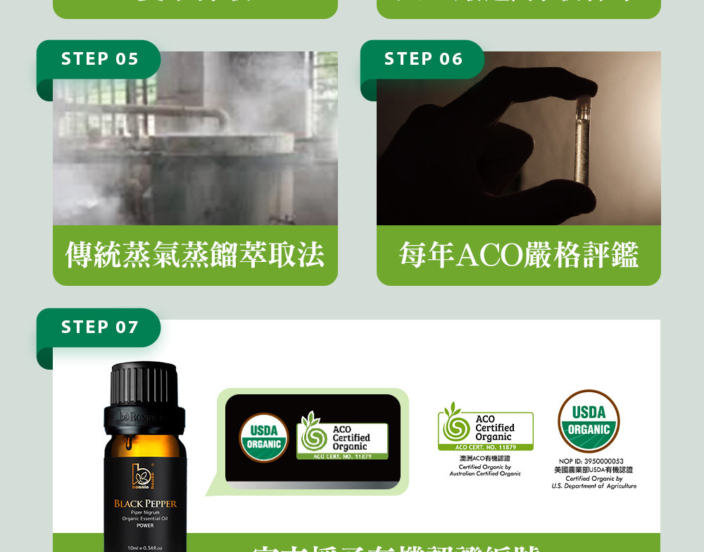 Bonnie House的黑胡椒精油通過審核,並獲得美國農業部USDA、澳洲ACO有機認證