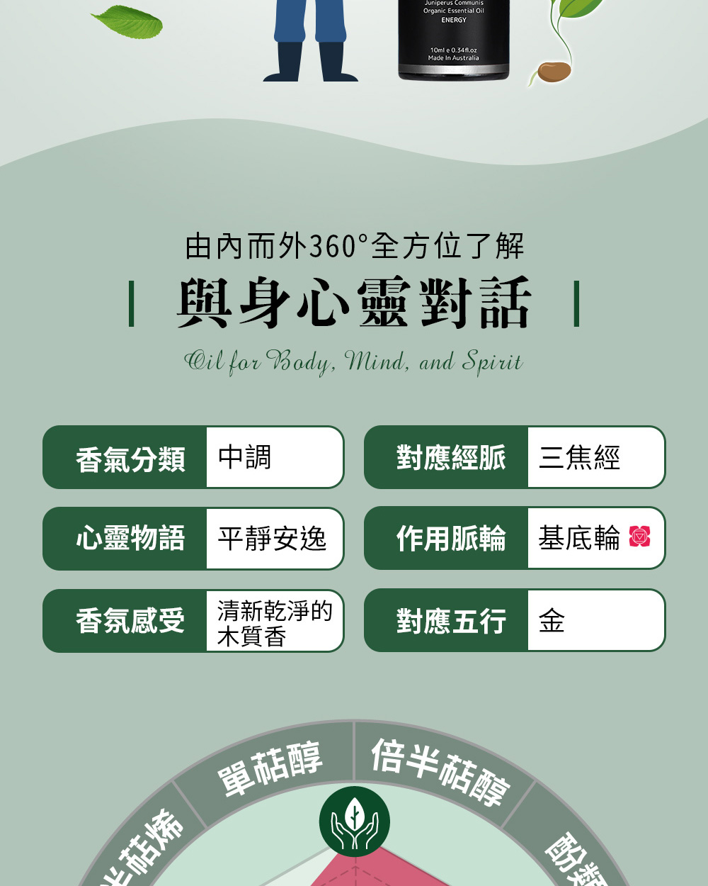 杜松果精油五行屬金,對應經脈為三焦經、對應脈輪為基底輪,心靈物語平靜安逸。
