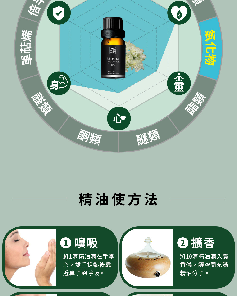 香桃木精油主要成分為1,8-桉油醇(醚類)、松油萜(單萜烯類)、乙酸沉香酯(酯類)