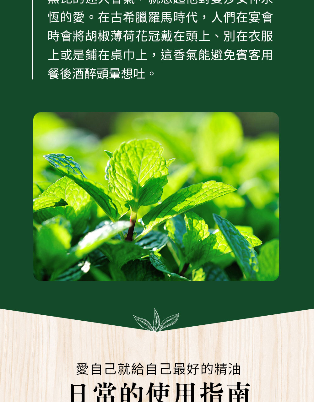 古希臘男性喜愛塗抹薄荷香水增加魅力，文獻顯示古羅馬和希臘人都會以薄荷葉作為浸浴之用；在埃及的出土文物更是發現薄荷蹤跡。