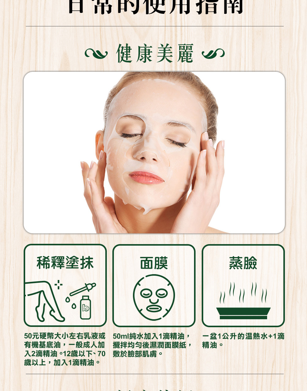 加2滴廣藿香精油到50元硬幣大小的乳液或基底油按摩全身，或是加1滴到1公升的溫熱水蒸臉